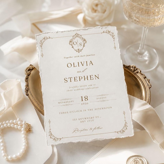 Elegant Monogram Wedding Invitation Suite, Luxury Gold Crest Wedding Invite Set, Old Money Editorial Digital Canva Template