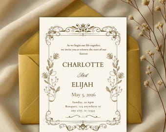 Elegante gouden bloemen bruiloft uitnodigingssjabloon, afdrukbaar (digitale download)