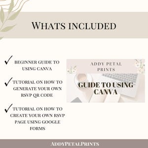 Op de afbeelding: Een digitale informatiegrafiek met de titel WHATS INCLUDED met een beginnershandleiding voor Canva, een tutorial voor het genereren van een eigen RSVP QR-code en een tutorial voor het maken van een RSVP-pagina met Google Forms, inclusief miniatuur.