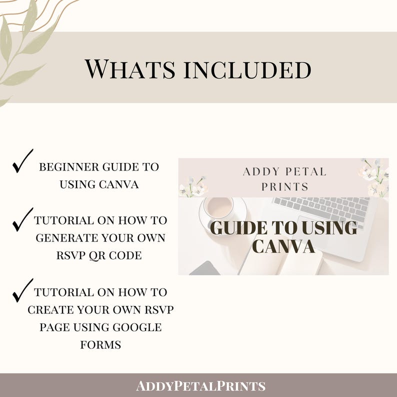 Op de afbeelding: Een digitale informatiegrafiek met de titel WHATS INCLUDED met een beginnershandleiding voor Canva, een tutorial voor het genereren van een eigen RSVP QR-code en een tutorial voor het maken van een RSVP-pagina met Google Forms, inclusief miniatuur.