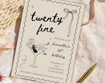 Twenty Fine Birthday Invitation Theme, Editable Digital Canva Template, Retro 25th 29th Birthday Invite