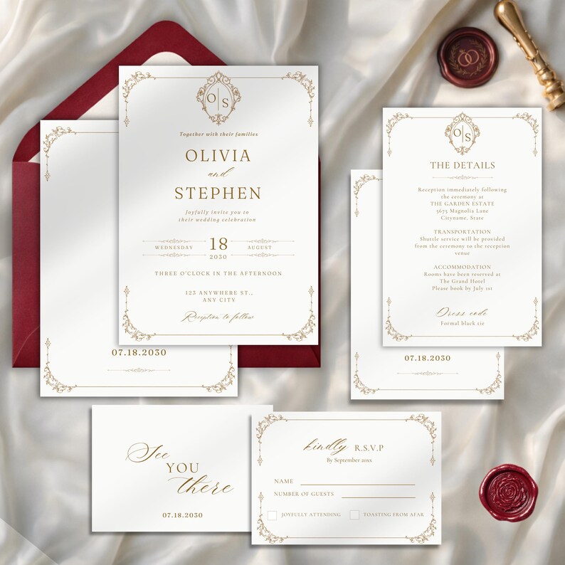 Op de afbeelding: Een trouwkaarten set bestaande uit witte kaarten met goudkleurige, sierlijke randen en tekst. Bevat een hoofduitnodiging voor Olivia en Stephen, een detailkaart, een RSVP-kaart en een klein kaartje, vergezeld van een dieprode envelop en lakzegel.