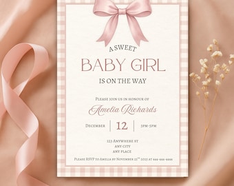 Pink Gingham Bow Baby Shower Invitation Template (Digital)