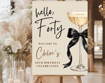 Willkommensschild zum 40. Geburtstag, elegantes champagnerfarbenes Partyschild mit schwarzer Schleife, 45,7 x 61 cm, „Hallo Vierzig“ (digitale Canva-Vorlage)