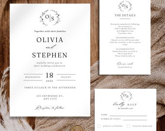 Minimalistische moderne monogram bruiloft uitnodigingssuite, elegante bruiloft uitnodigingssjabloon, bewerkbare digitale canvassjabloon