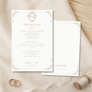 Op de afbeelding: Twee witte rechthoekige trouwkaarten met gouden sierlijke hoekversieringen en een centraal monogram O S. De tekst bevat THE DETAILS, locatie van de receptie, vervoer, accommodatie en dresscode, met de datum 07.18.2030 op de tweede kaart.