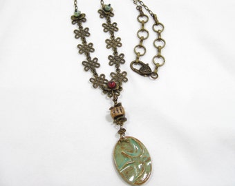 Vintage Brass Chain & Czech Glass Artisan Handmade Ceramic Bird Long Necklace, OOAK, ChattyCatsDesign