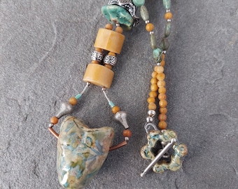 Handmade Artisan Ceramic Textured Puff Heart Turquoise & Gemstone Long Necklace, OOAK, ChattyCatsDesign