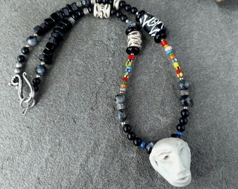 Little Man Handmade Artisan Ceramic Head, Tribal Bone, Gemstone, Krobo, Antique African Christmas Beads Necklace, OOAK, ChattyCatsDesign