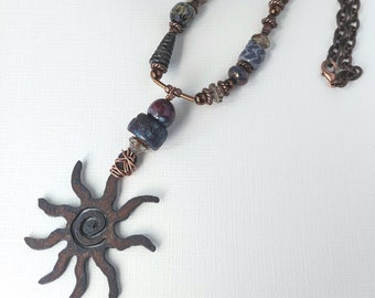 Rustic Copper Sun - Ceramic & Czech beads - Copper Chain - ChattyCatsDesign