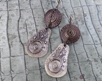 Ancient Cave Drawings Pewter & Vintage Metal, Wire Wrapped Earrings, Boho, Sterling, Copper, OOAK, ChattyCatsDesign
