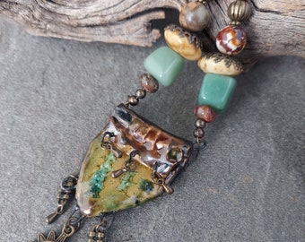 Handmade Rattlesnake Vertebrae Ceramic Pendant, Vintage Brass, Gemstone,  Long Necklace, OOAK, ChattyCatsDesign