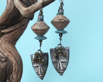 African Tribal Ceramic & Paper Bead Earrings, Greek Mykonos, Brass Earrings, OOAK, ChattyCatsDesign
