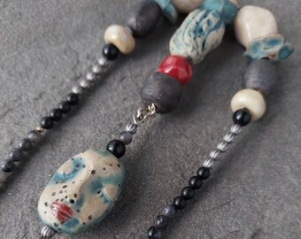 Handmade Artisan Ceramic Speckled Face & Beads, Obsidian, Larvikite, Riverstone,  Gemstone, BOHO Necklace, OOAK, ChattyCatsDesign