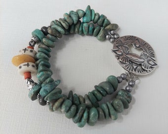 Two strand Turquoise, Sterling, African Glass & Bone BraceletChattyCatsDesign