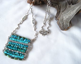 Multi Row Turquoise & Silver Ladder Necklace, Gemstone, Flower Chain, OOAK, ChattyCatsDesign