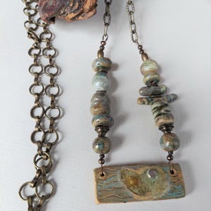 Handmade Ceramic Crackle Pendant, handmade ceramic beads, antiqued brass beads, African barrel beads, long chain necklace