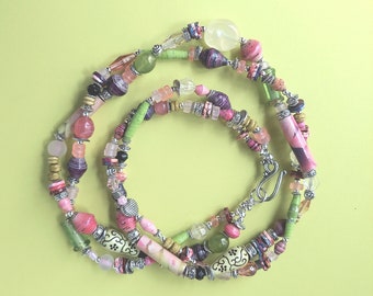Vintage Glass, Paper Bead & Dyed Turquoise Howlite Two Strand Necklace, OOAK, ChattyCatsDesign