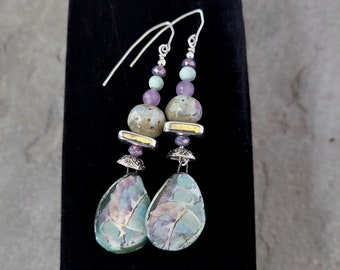 Butterfly Wings Greek Mykonos, Amethyst, Artisan Ceramic, Sterling Earrings, OOAK, ChattyCatsDesign