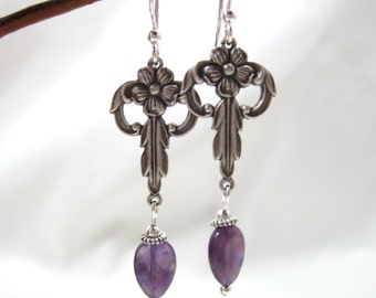 Floral Art Deco Silver Ox & Amethyst Teardrop Earrings, OOAK,  ChattyCatsDesign