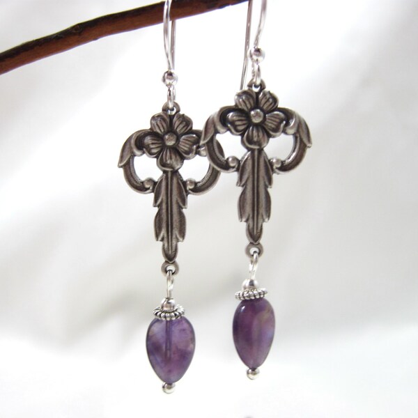 Floral Art Deco Silver Ox & Amethyst Teardrop Earrings, OOAK,  ChattyCatsDesign