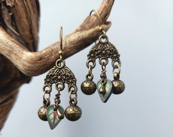 Green & Rose Polymer Clay Leaf and Brass Floral Chandelier Earrings, OOAK, ChattyCatsDesign