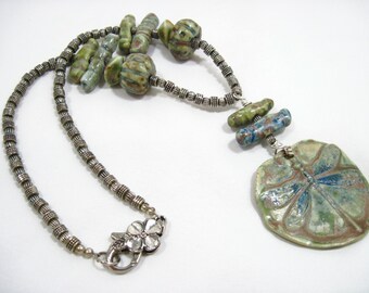 Artisan Ceramic Dragonfly & Silver Necklace, Nature, OOAK, ChattyCatsDesign