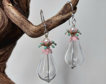 Blown Glass - Freshwater Pearls - Vintage Metal & Enameled Flower Petal Bead Caps  - ChattyCatsDesign