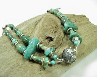 Handmade Sterling Bali Silver Stars & Moon, Turquoise, Two Strand Bracelet, OOAK, ChattyCatsDesign