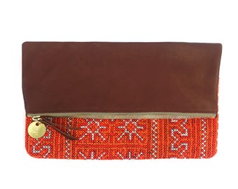 Foldover Clutch - Hand Embroidered Orange Tribal Blanket + Cognac Brown Leather