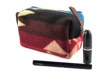 Small Toiletry Bag from Tribal Blanket (Blues & Reds) with Leather