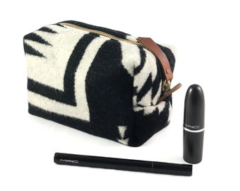 Small Toiletry Bag from Black & White Tribal Blanket with Leather