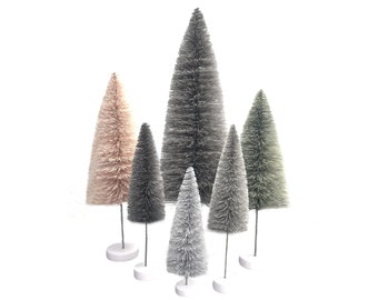 Bottle Brush Trees Set - Gray, Pale Pink & Sage (6 pcs)