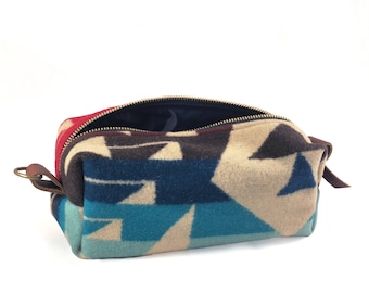 Medium Toiletry Bag - Blues & Reds Tribal Blanket with Leather