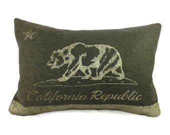 California Flag Pillow Cover from Military Blanket - Olive Green & Champagne Metallic (add'l colors avail)