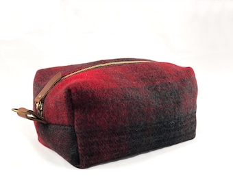 Large Toiletry Bag from Black & Red Plaid Blanket with Leather