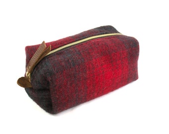 Small Toiletry Bag from Black & Red Plaid Blanket with Leather