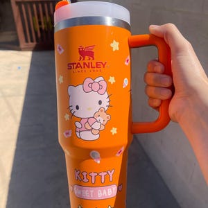 Custom Orange Tumbler Quencher with cute kitty design, 40oz insulated handle cup, Kawaii style