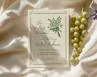 Invitación para despedida de soltera en el mercado de agricultores: recién salida del mercado, plantilla editable de Canva (5x7, verde)