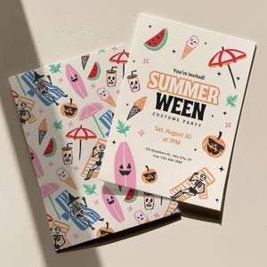May include: Two cream-coloured invitations with a Summerween theme. One features the text "SUMMER WEEN COSTUME PARTY" with illustrations of pumpkins, ice cream cones, and skeletons. The other has a repeating pattern of the same elements.