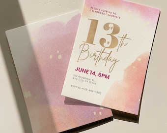 Invito modificabile per il 13° compleanno: disegno acquerello (download digitale, modello Canva 5 x 7 pollici)