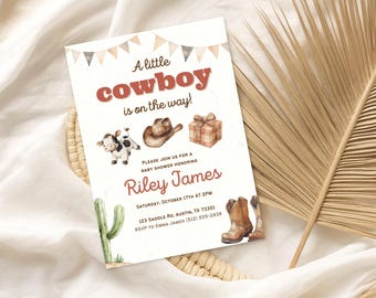 May include: A baby shower invitation with a cowboy theme. The text "A little cowboy is on the way!" is in red and brown. The invitation includes illustrations of a calf, cowboy hat, gift, cactus, and boots, perfect for a baby shower.