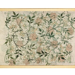 May include: A framed botanical print featuring a detailed floral pattern. The design showcases a repeating motif of leaves, small white flowers, and clusters of tan-colored berries, all set against a pale green and off-white background.