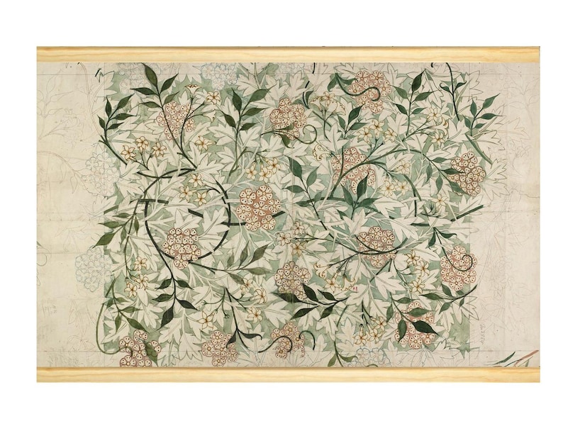 May include: A framed botanical print featuring a detailed floral pattern. The design showcases a repeating motif of leaves, small white flowers, and clusters of tan-colored berries, all set against a pale green and off-white background.