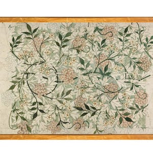Può includere: Illustrazione botanica con un motivo floreale dettagliato. Il design presenta uno sfondo verde chiaro con foglie bianche, viti verde scuro e grappoli di piccoli fiori beige. L'opera d'arte è incorniciata con un bordo marrone dorato.