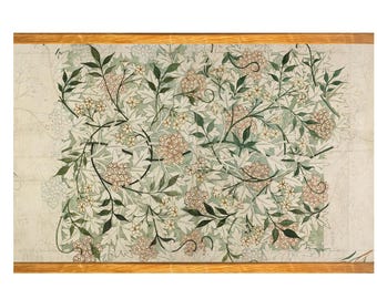 May include: A botanical illustration featuring a detailed floral pattern. The design showcases a light green background with white leaves, dark green vines, and clusters of small, beige flowers. The artwork is framed with a golden-brown border.