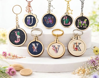 Customised Wooden Initial Embroidered Keychain Handmade