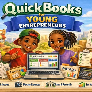May include: Colorful illustration promoting QuickBooks for Young Entrepreneurs. Two smiling children are featured, one with a laptop displaying the software. The image includes a lemonade stand, piggy bank, and financial documents. The text includes "QuickBooks for Young Entrepreneurs."