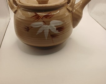 Vintage Japanse theepot van geglazuurd steengoed met bamboe handvat en 6 kopjes. Originele doos (MCM).