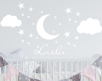 Moon Stars and Clouds Decal-Moon and Clouds Wall Decal-Custom Name Decal-Baby Nursery Decor-Baby Nursery Decal-Boy bedroom-Girl bedroom